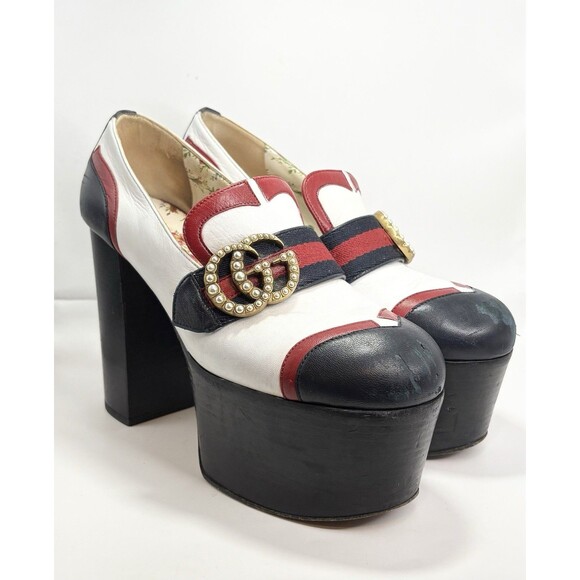 Gucci Malaga Kid Web Pearly GG Platform Loafer Pumps White Navy & Red Sz EU 37.5 - Picture 1 of 14
